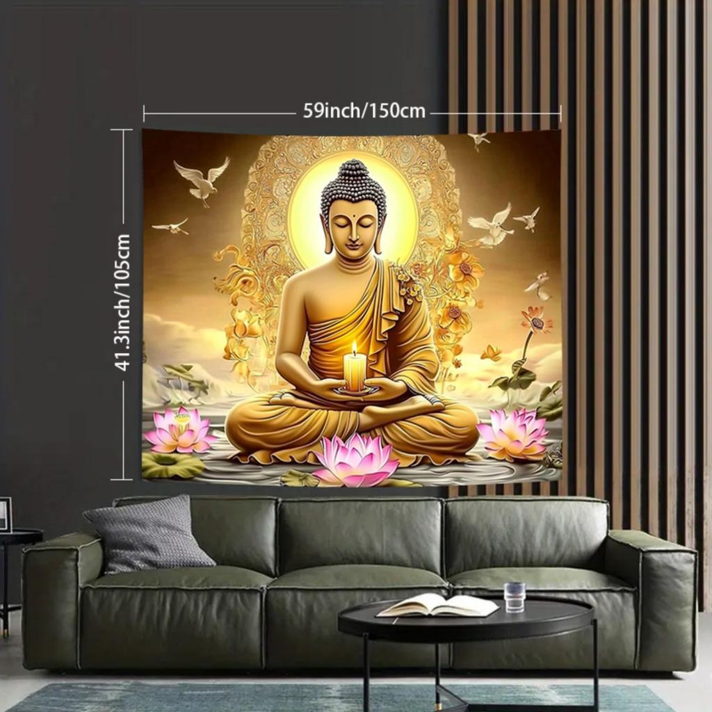 Buddha Tapestry, Meditating Buddha with Candle and Lotus Flowers, Spiritual Art Wall Hanging for Home Meditation Room Decor
