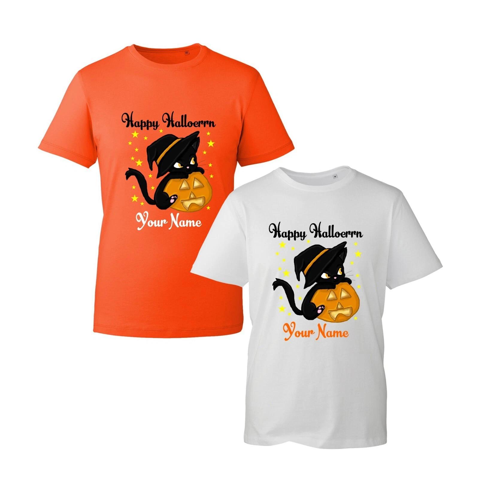 Personalised Name Happy Halloween T-Shirt Black Cat Pumpkin Halloween Unisex Top 4XL