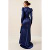 Front Pleat Detailed Lined Long Sleeve Satin Long Dress
