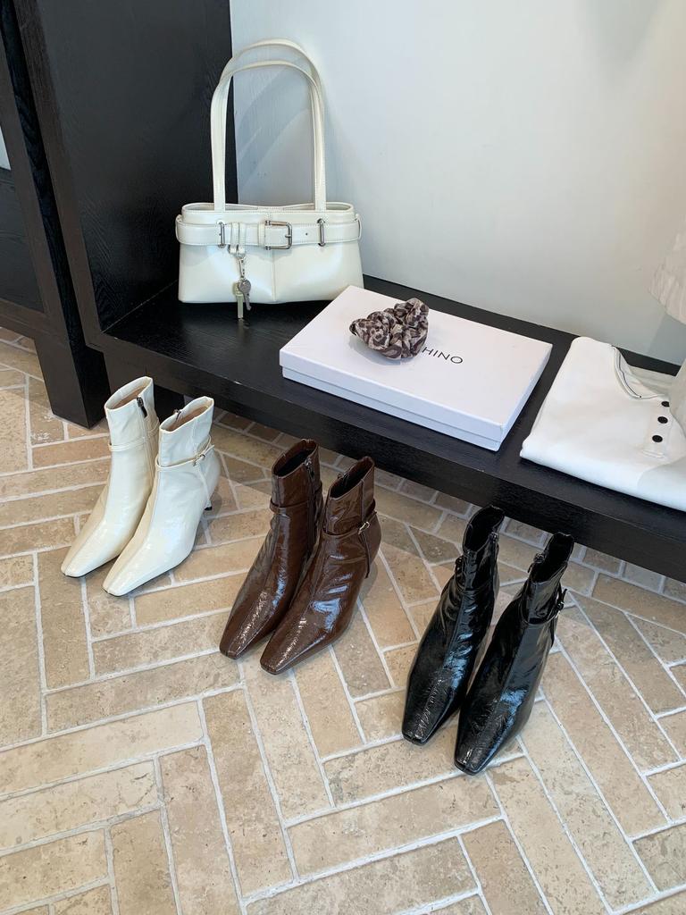 2025 autumn and winter new buckle thin high heel thin boots niche French temperament square head short boots commuter solid color boots