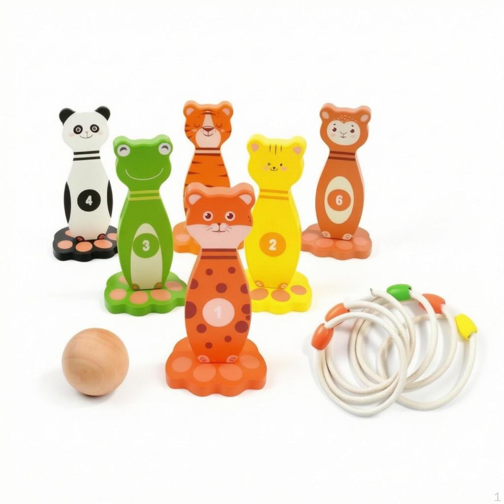 Animal Bowling Game Heavy Hoop Toss Set with Pins Solid Wood Wooden for Young Children,