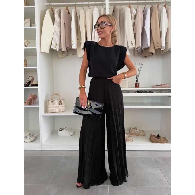 2025 European and American Summer New round Neck Flying Sleeves Top High Waist Pleated Wide Leg Casual Pants Trousers Set Women Suit