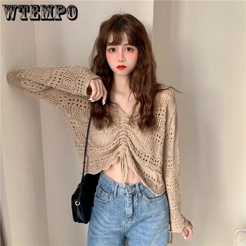 Topuri tricotate pentru femei în stil coreean, primăvară, vară, cu decolteu în V, cu șnur, plisate, scurte, de culoarea bomboanelor