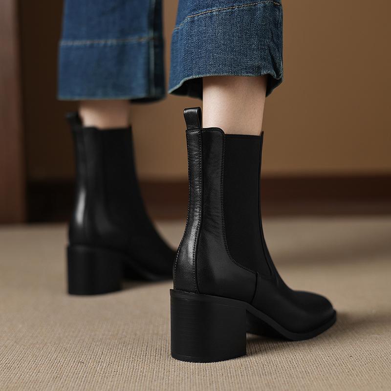Fashion NEW Autumn Women Boots Square Toe Chunky Heel Shoes Genuine Leather Shoes for Women Short Modern Boots Daily Shoes Slip-on Boots