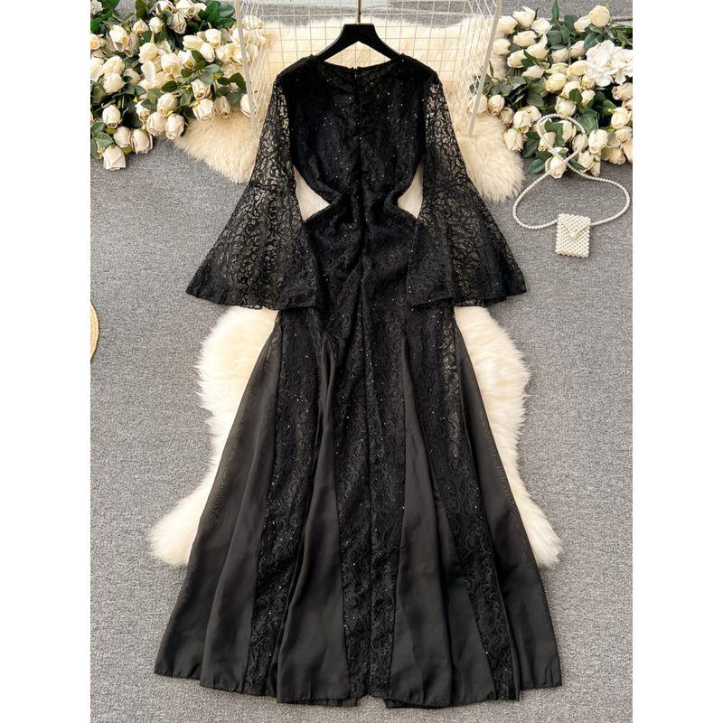 Accessible Luxury Lace Dress Niche Style Bell Sleeve Sequin