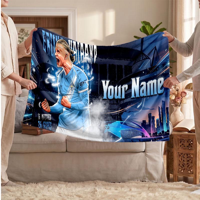 Erling Haaland Personalized Fleece Blanket With Football Logo, Custom Name Text Soft Warm Home Throw Blanket