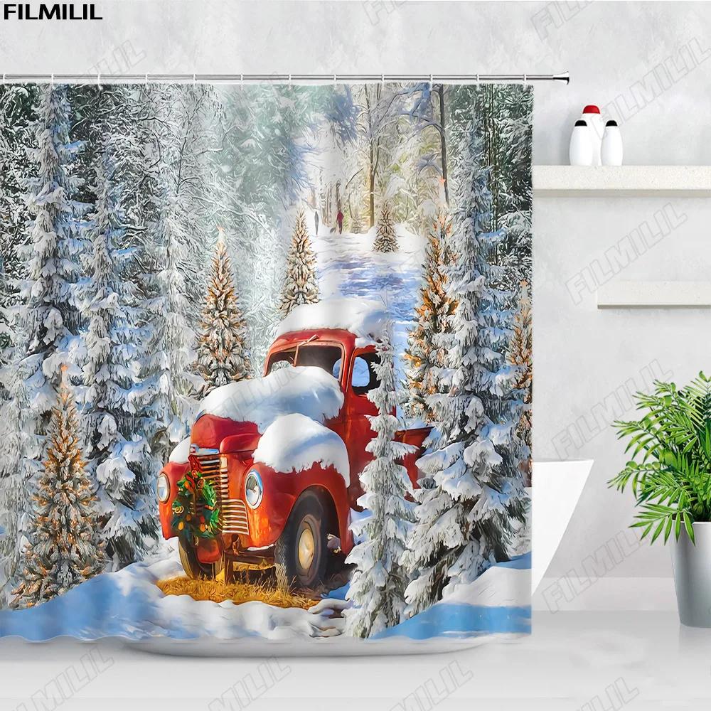 Retro olejomalba Vánoční sprchové závěsy Santa Claus Garland Xmas Tree Vintage krb Novoroční dekorace Sada koupelnových závěsů