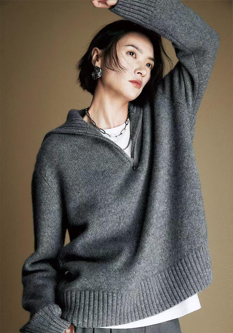 

Women s Pure Wool Heavyweight Half-Zip Pullover Sweater - Loose Fit, Old Money Style, Cable Knit, Perfect for Autumn/Winter Layering Extra Large серый