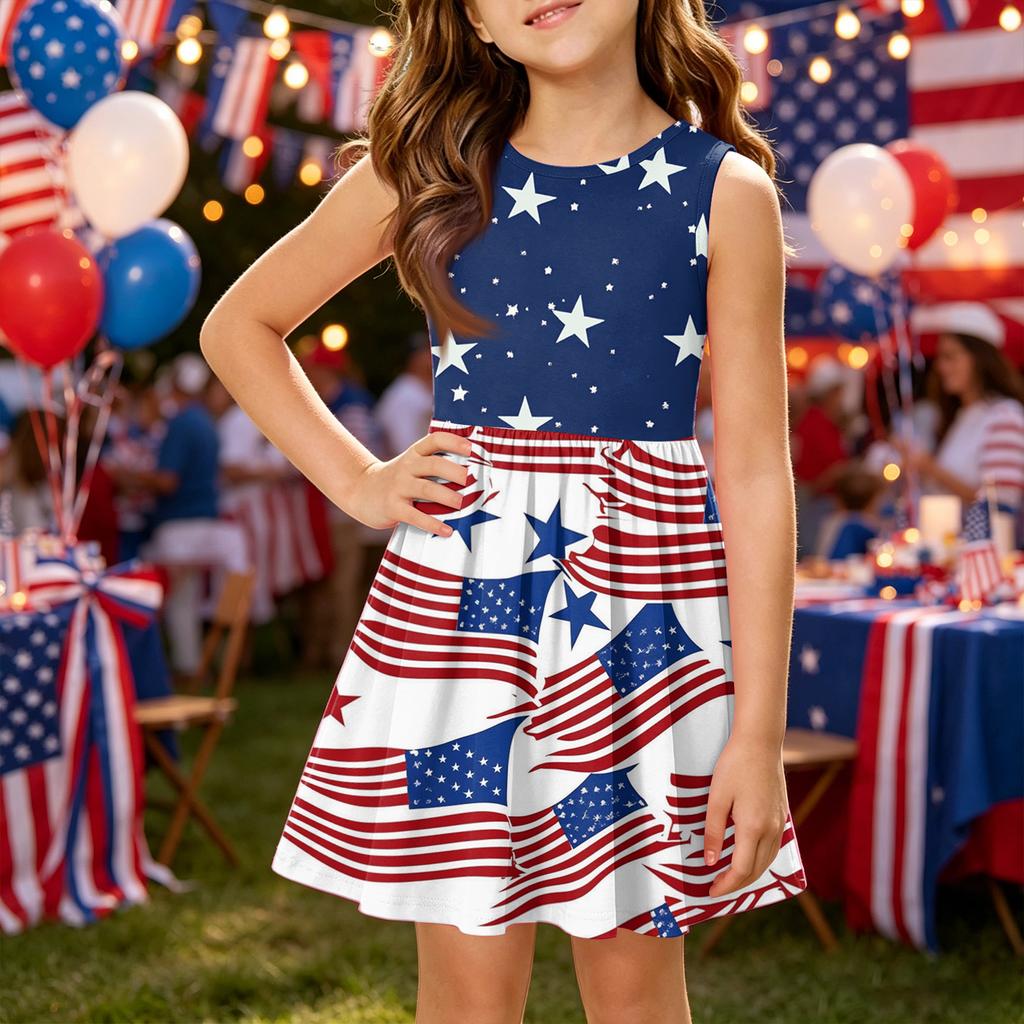 Girls' Summer Princess Dress - A-Line Vest Splice Dress Independence Day