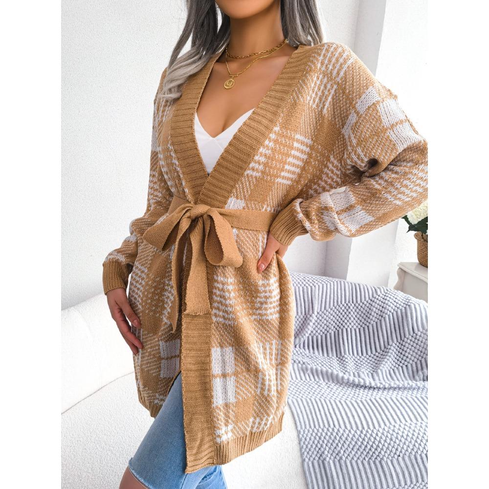 

Осенне-зимний повседневный кардиган-свитер с клетчатыми ремешками и рукавами-фонариками L коричневый