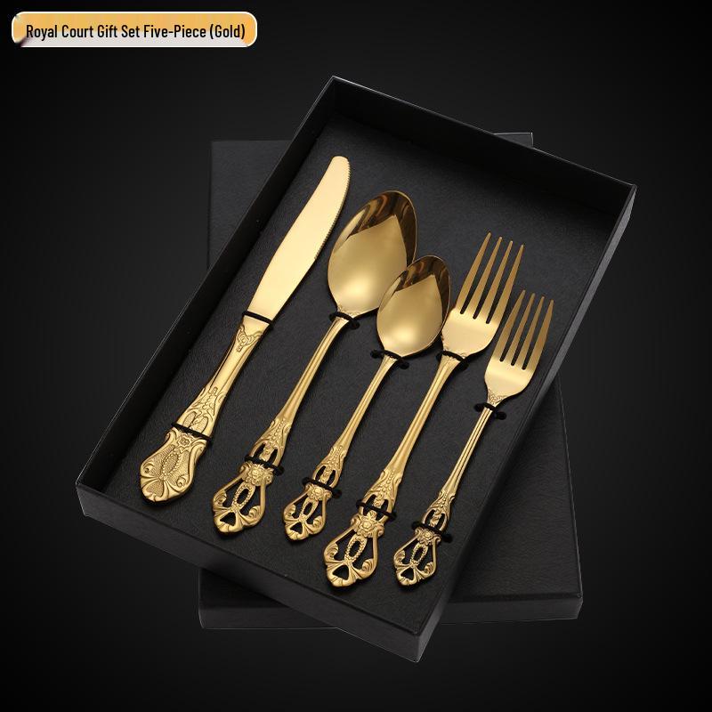 Royal Court 5-Piece Cutlery Set: Vintage Titanium-Plated Gold Stainless Steel Knife, Fork & Spoon with Embossed Hollow Design.