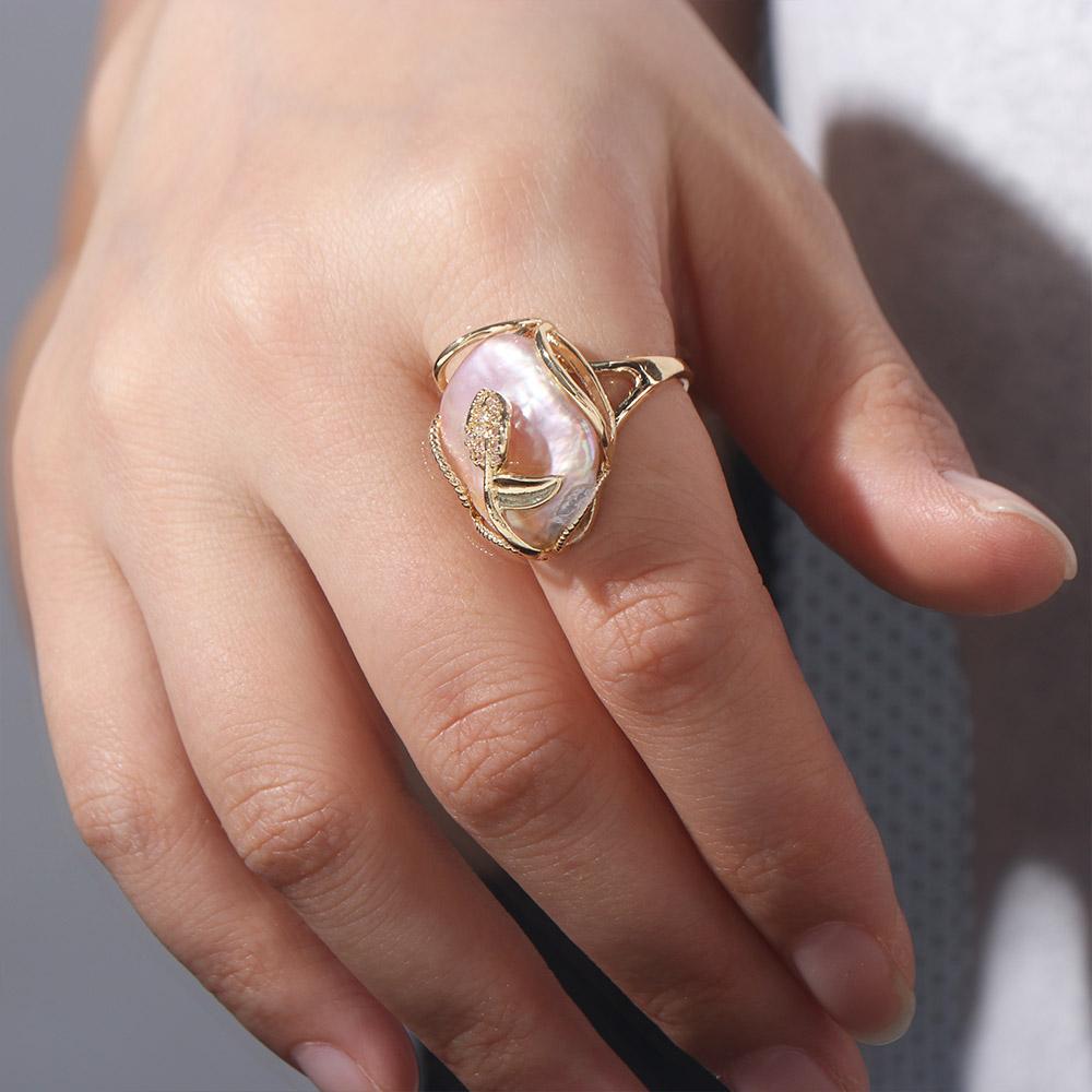 Rhinestone Irregular Pearl Ring Golden Women's Jewelry Unique Pearl Opening Ring  Women