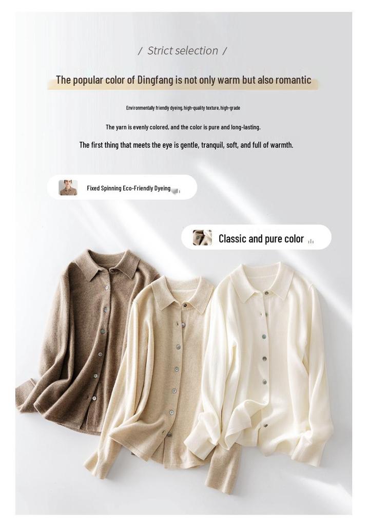 Women's 100% Cashmere Polo Neck Sweater - Loose Long Sleeve Knit Cardigan for Autumn and Winter
