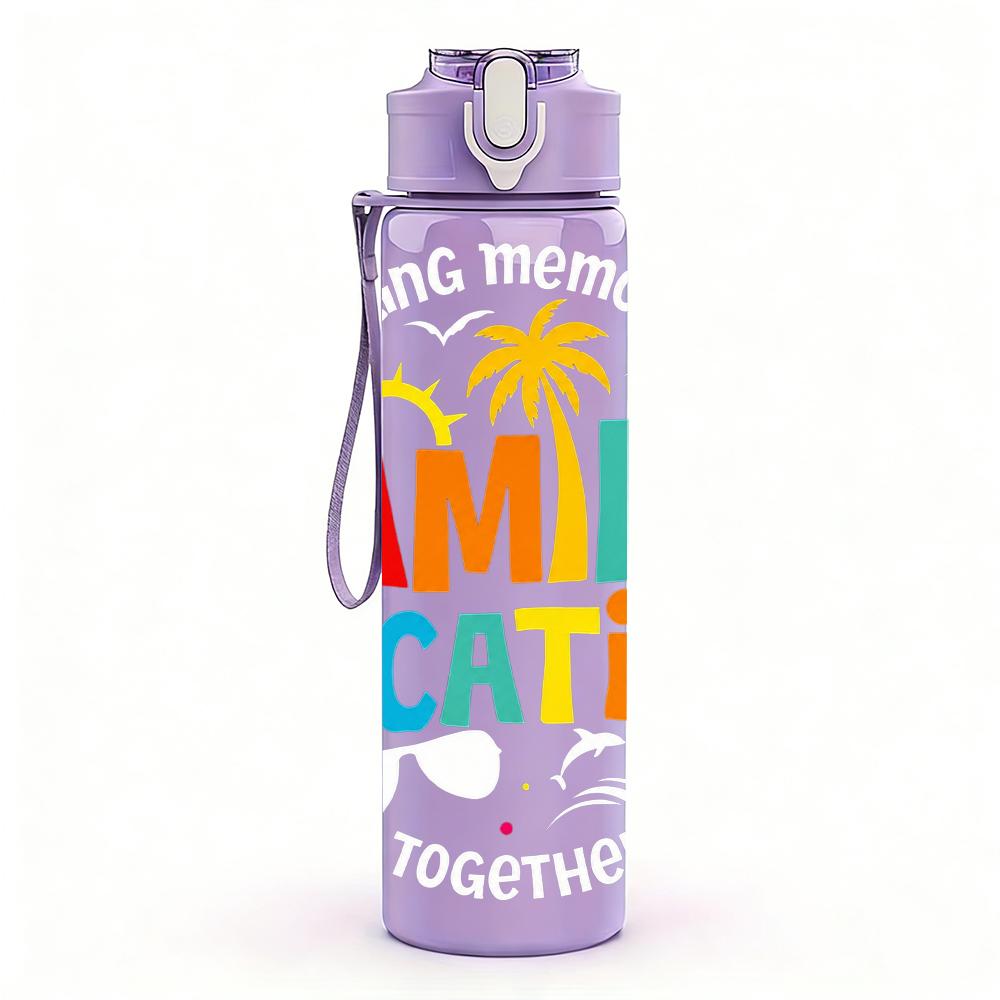 1PC Family Vacation Color Letter Graphic 750ml Color Plastic Water Bottle Leakproof Flip Straw Lid For Sports Office Home Use