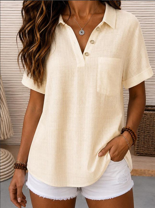 Solid Color Fashion Casual Lapel Short Sleeve Shirt For Women
