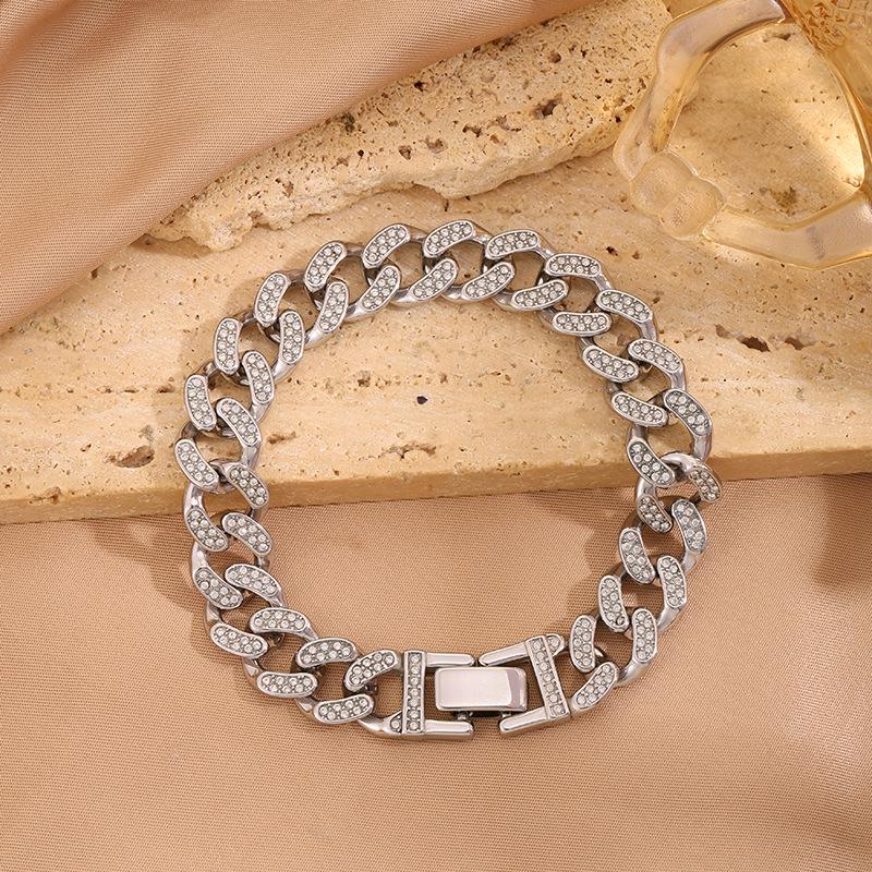 18K Gold Plated Women's Titanium Steel Cuban Chain Bracelet with Diamond Inlay - Luxurious European & American Fashion