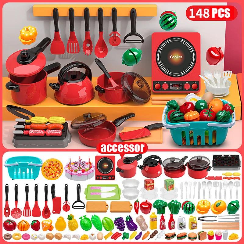 Kids Toys Pretend Play Red Kitchen Toys Simulation Food Cooking Girl's Boys Educational Play House Interactive Toys for Children