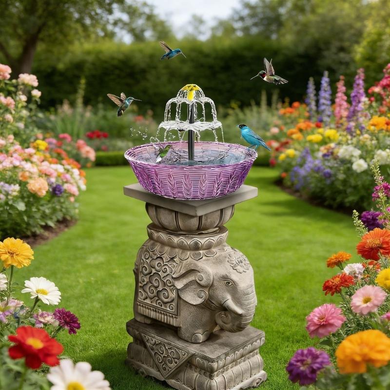 Plastikowa fontanna solarna do ogrodu, poidełko dla ptaków, z dynamicznym strumieniem wody tworzącym hipnotyzujące kaskady