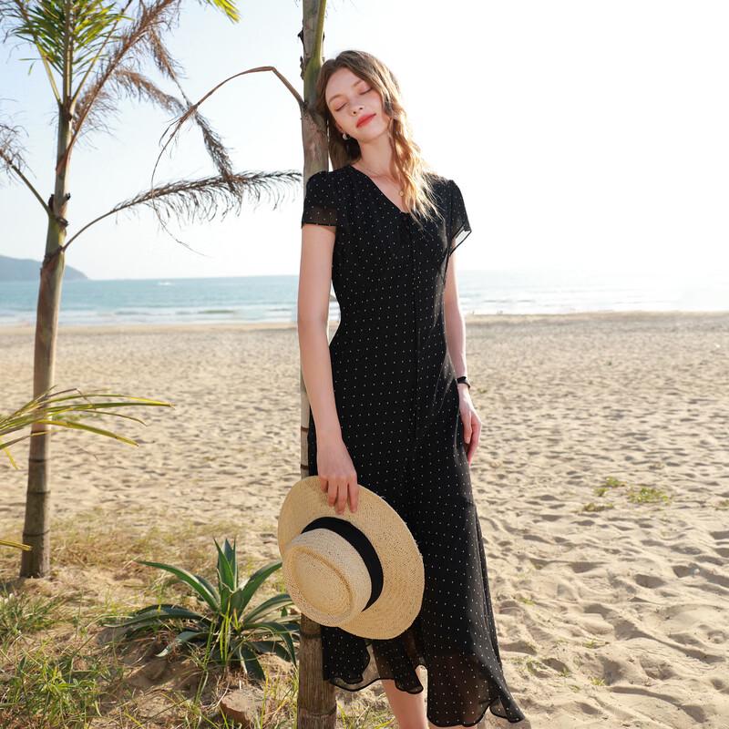 SanCai French Polka Dot V-Neck Chiffon A-Line Dress