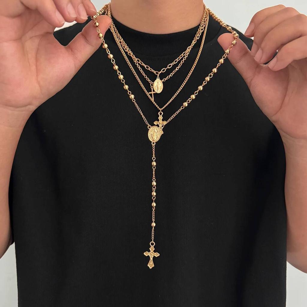 Ingemark 4Pcs/Set Goth Cross Jesus Pendant Choker Necklace for Women Vintage Gold Color Long Chain Christian Jewelry Men Gift