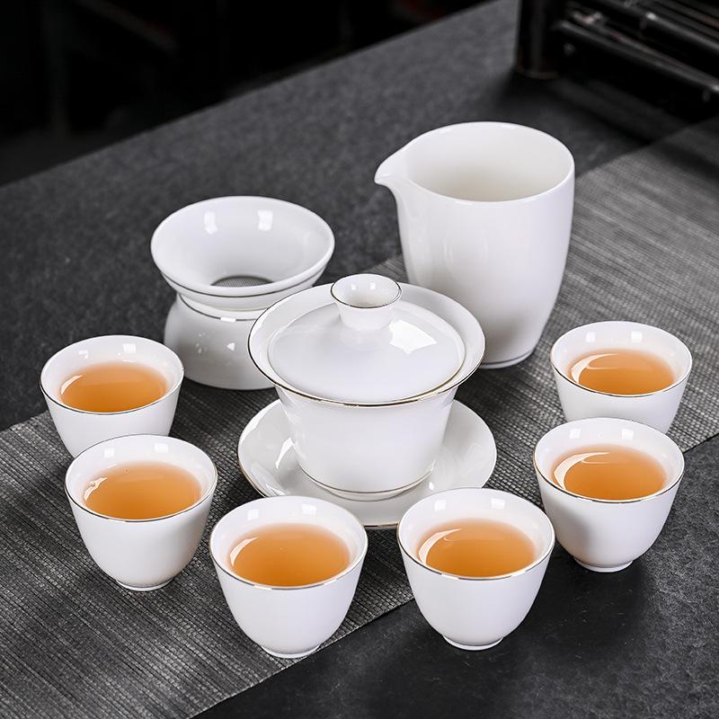 Dehua Suet Jade White Porcelain Tea Set, Cover Bowl Gift Gift Box Can Be Printed with Guochaofeng Business Gifts.