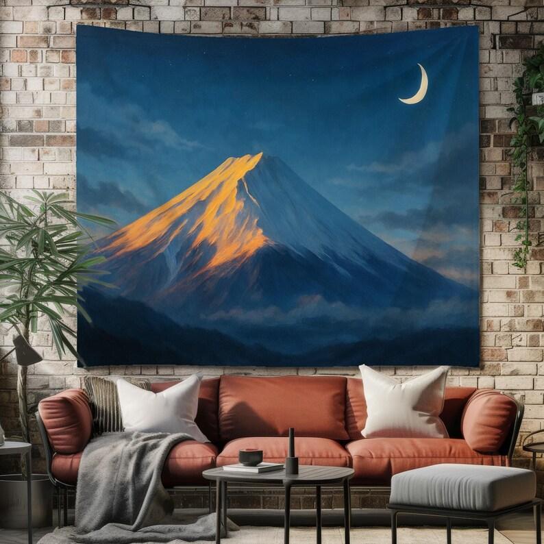 The minimalist blue mountain scenery under the moonlit night view is aesthetically pleasing. tapestry 75x100 чёрный