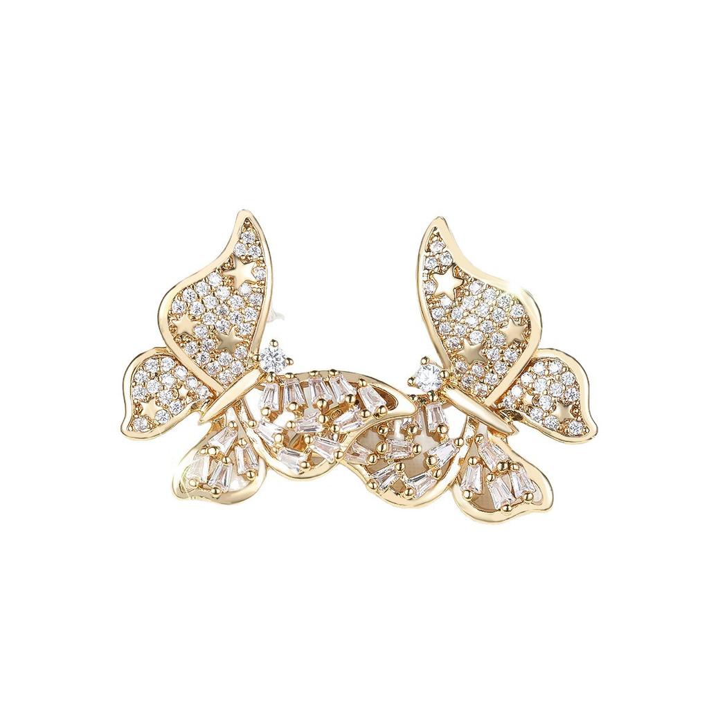 Three-dimensional zircon full diamond butterfly earrings, Korean gentle wind versatile temperament earrings