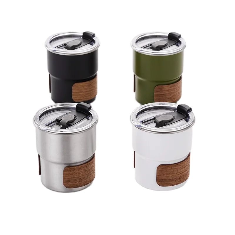 New Cute Tea Beer Cups Single Wall 300ml Color Steel Camping Coffee Mug Wooden Ring Decor