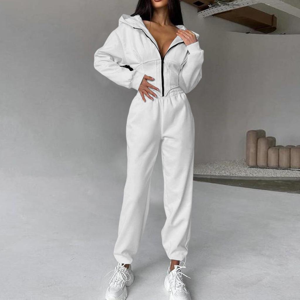 Women's Color Waist-cinching Hooded Sweatshirt And Pants Set, Sporty Casual Two-Piece Set