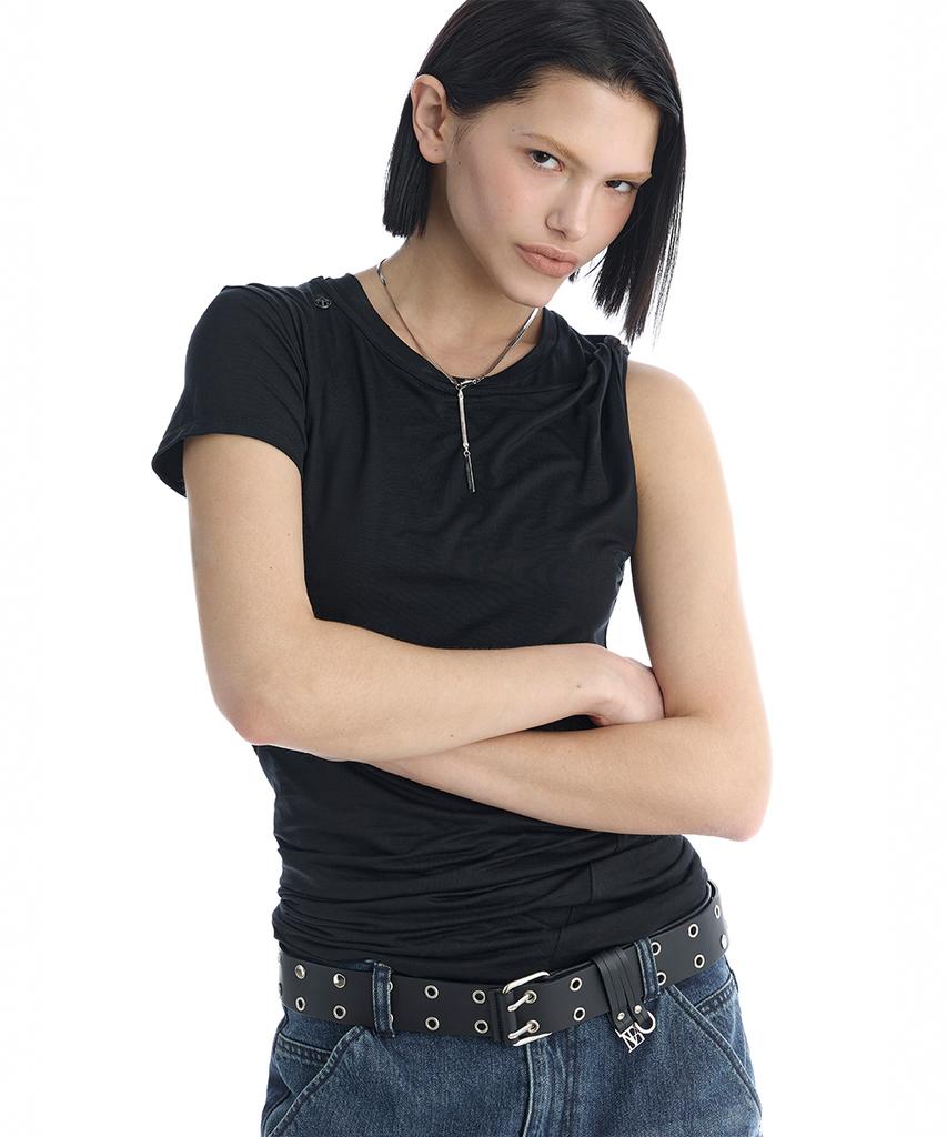 Teulimingbeodeu Double-Layer Asymmetric Shoulder T-Shirt [ Black ]