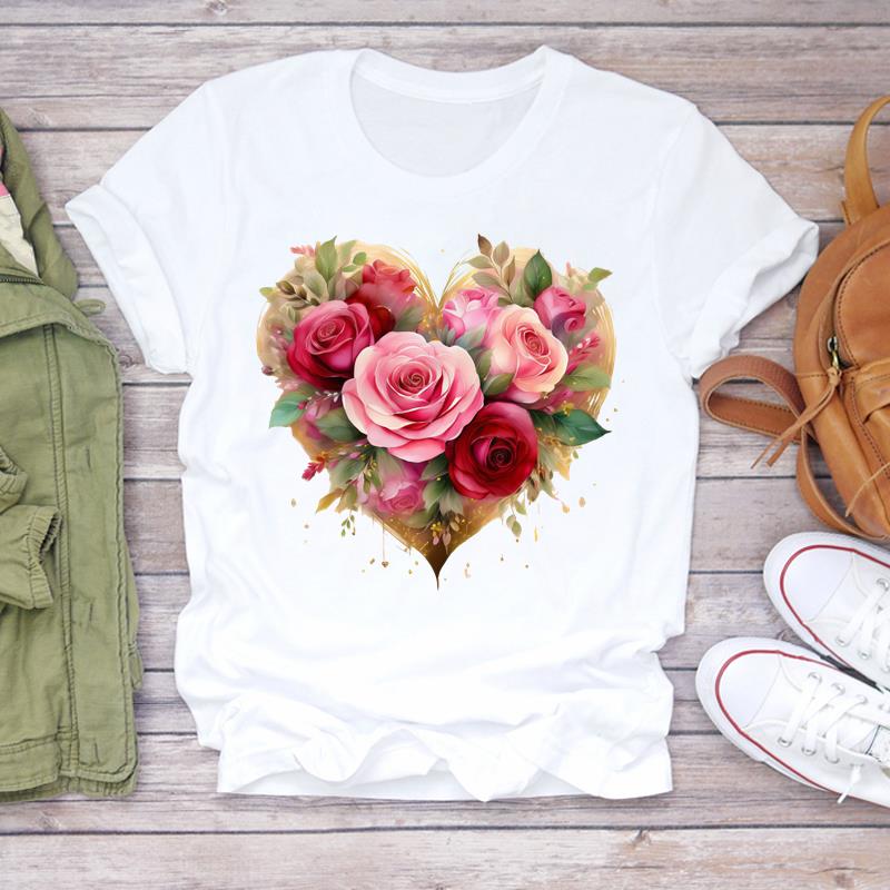 (Asian Size) lovely heart trend Graphic Short Sleeve T-shirts Lady Female Top Printed Fashion Clothing Women Casual T Shirt Tee
