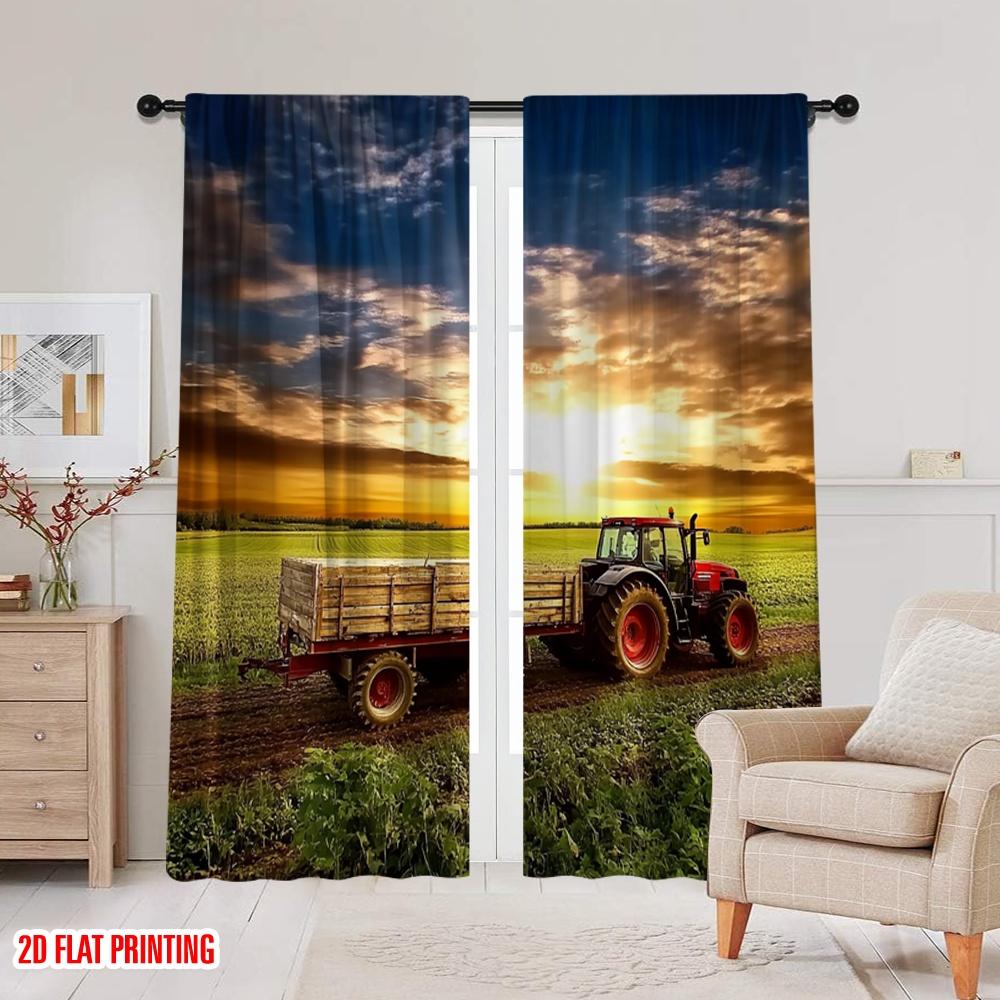Set Of 2 Flat Printingfield Sunset Tractor Western Country Farm Scene Iving Room Bedroom College Dorm Office Curtain Polyester Ideal For