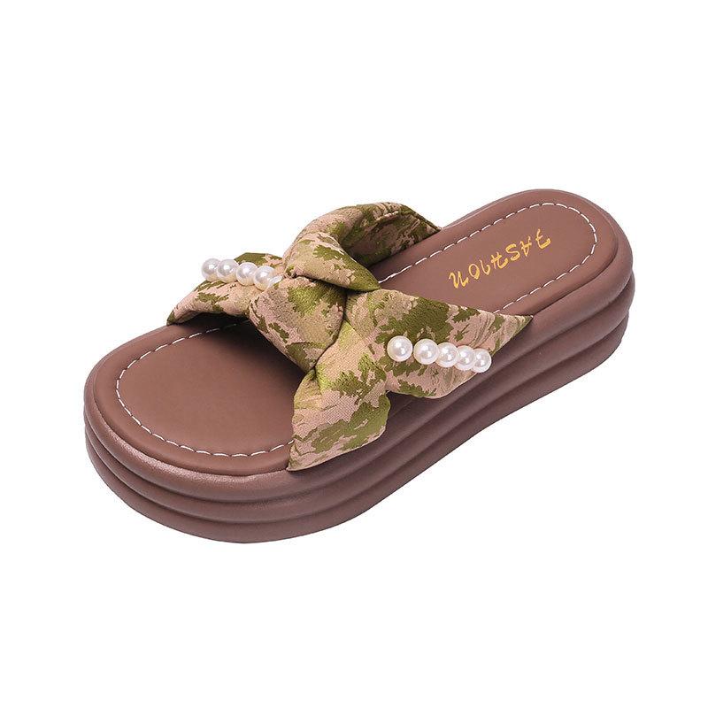 Bow Thick-soled Cool Slippers Women's Summer Wear 2025 New Versatile National Style Sandals Pearl Beach One-word Slippers