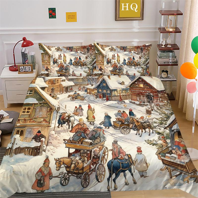 Christmas Snow Scene 3D Printed Polyester Pillowcase Quilt Cover Two Or Three Piece Set