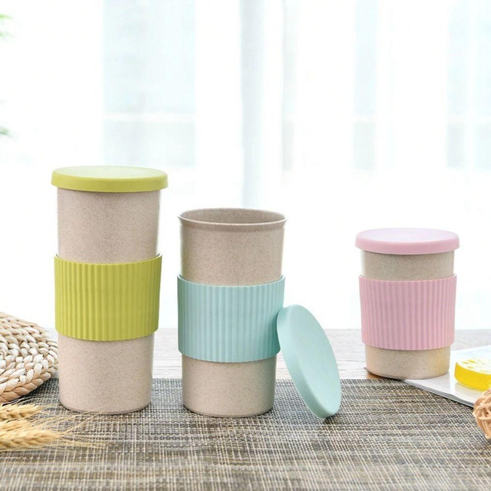 Picknick Outdoor mit Deckel Kreativer Tragbarer Weizenstroh Teebecher Trinkgeschirr Tumbler Tasse Kaffeetasse
