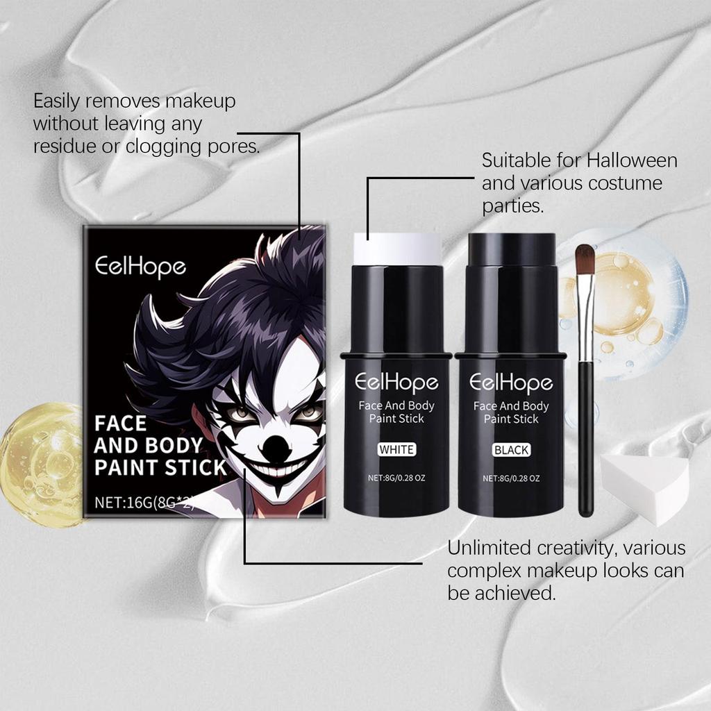 Halloween Black White Face Body Paint Kit Full Coverage Lighweight Foundation Clown Joker Makeup Festive Makeup Accessories Set
