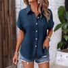Women's Cotton Shirt Short Sleeve Button Front Turn Down Collar Loose Fit Blouse