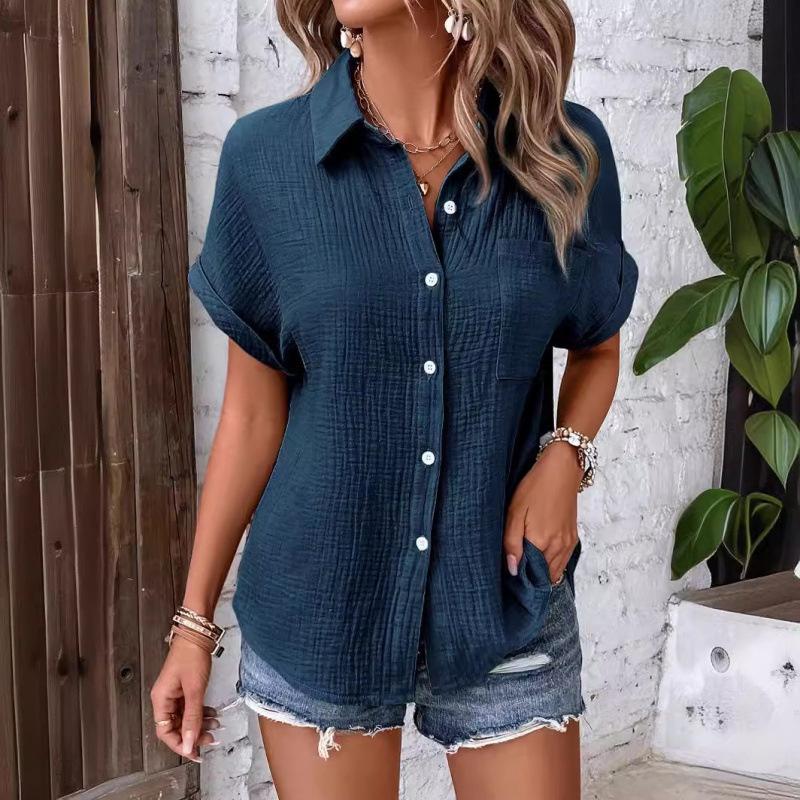 Women's Cotton Shirt Short Sleeve Button Front Turn Down Collar Loose Fit Blouse