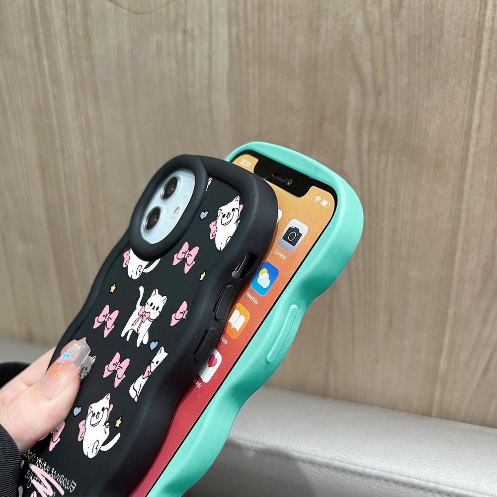 For iPhone Redmi 13 13C 14C Note 13 12 Pro Samsung A05 A06 A13 A14 A15 A16 Honor X6 X6a X8 X8a Soft Wave Edge Bowknot Kitty Pattern Phone Case