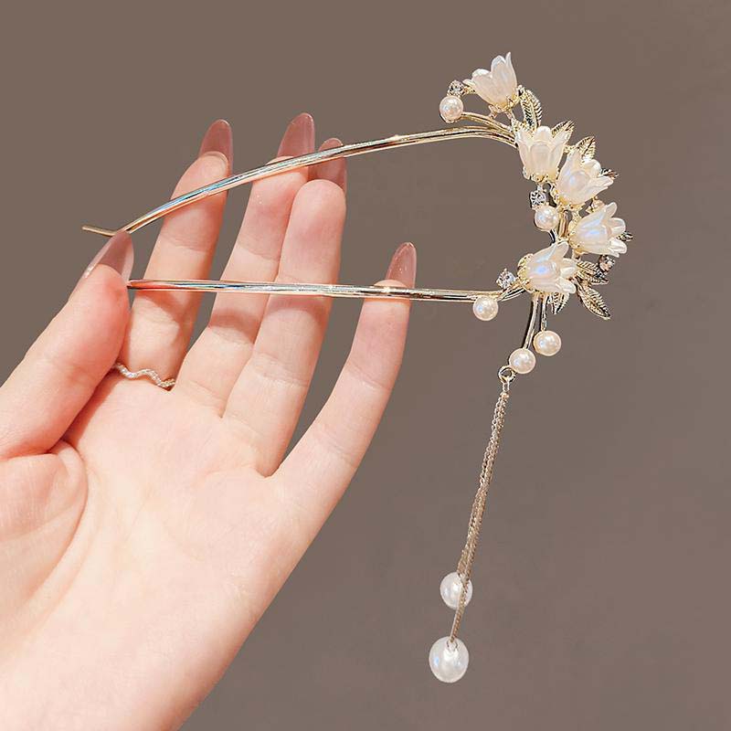 Fashion Metal Pearl Flower Tassel Hair Stick for Women Chinese Style U-shaped Hanfu Hairpin Headwear Jewelry Hair Accessories