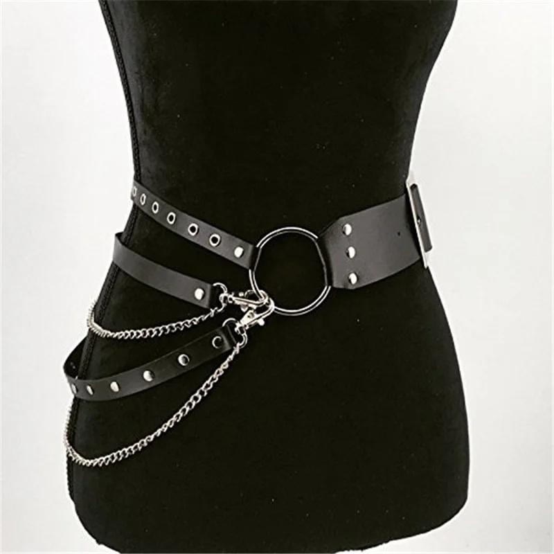 Fashion Women Gothic Punk Waist Belt Chain Metal Circle Ring Design Silver Pin Buckle Leather Black Waistband Jeans Waist Belts.