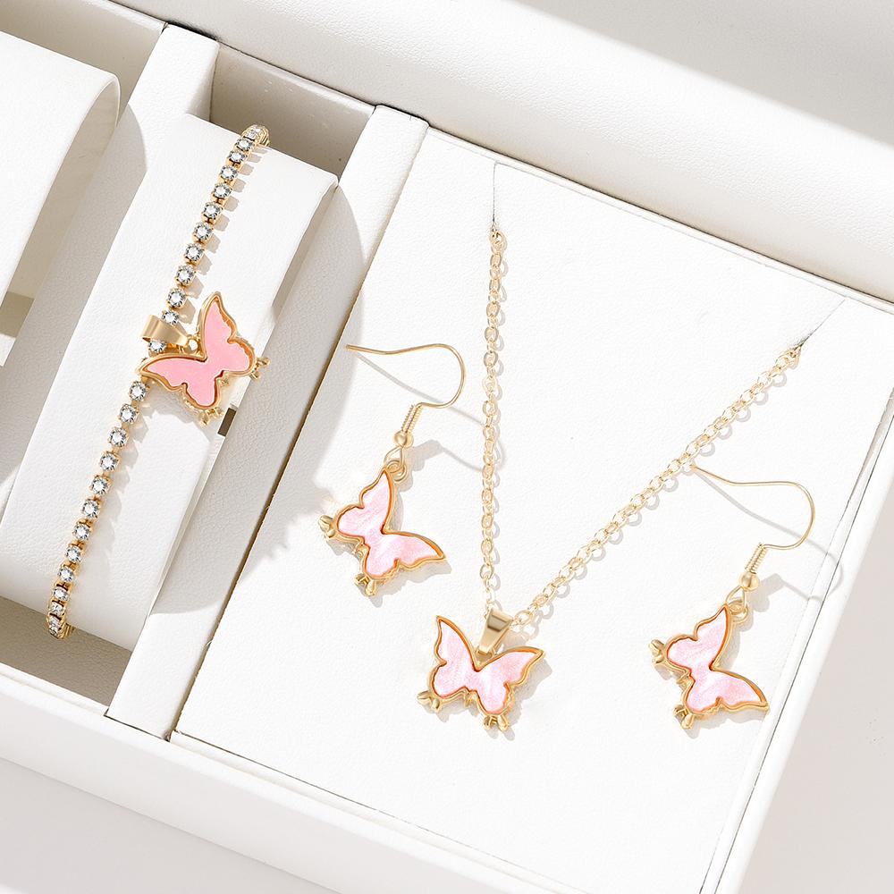 4 Piece Set Versatile Women Temperament High Aesthetic Value Fashionable High End Pink Butterfly Necklace Bracelet Earring Set