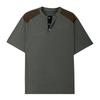 Men Henley Neck Short Sleeve T Shirt with Contrasting Shoulder Panels and Button Placket Casual Fit Top