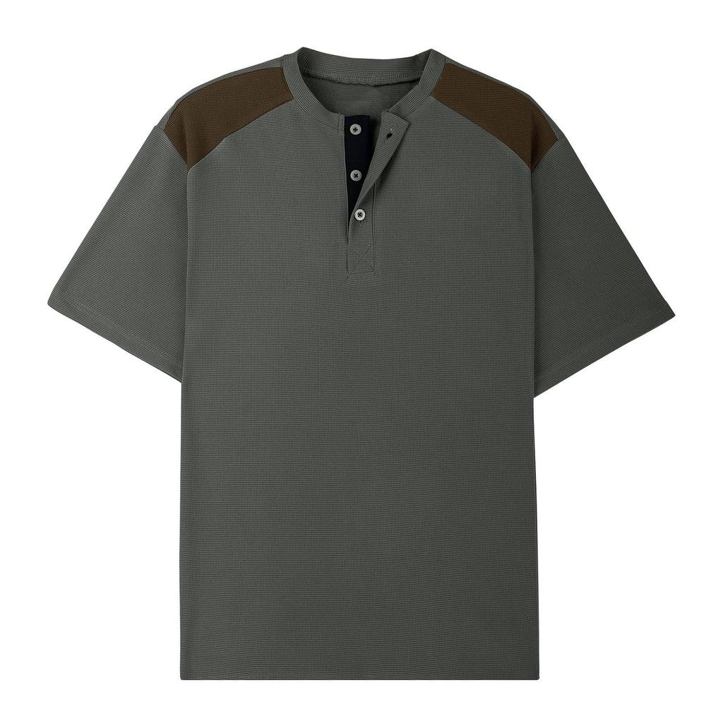 Men Henley Neck Short Sleeve T Shirt with Contrasting Shoulder Panels and Button Placket Casual Fit Top