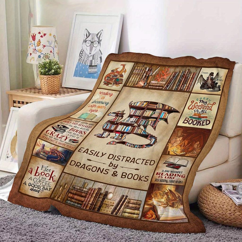 Dragon Book Lover's Flannel Throw - Library Themed Blanket for Sofa/Bed/Travel, Machine Washable Fantasy Decor