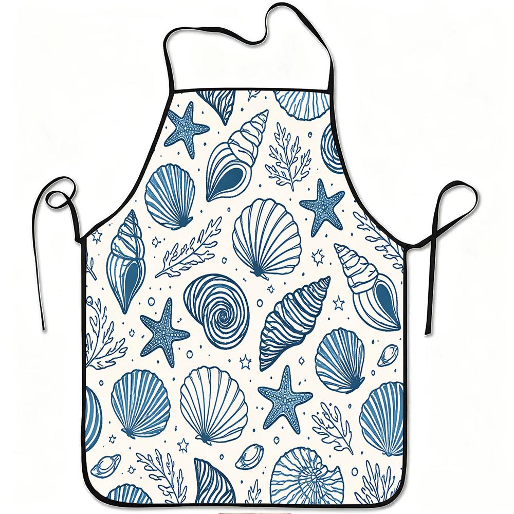 1pc Sea Shell Starfish Ocean Pattern Print Apron, Durable and Easy To Clean, Adjustable Waistband, Polyester Material, for Kitchen Cooking, Gardening,