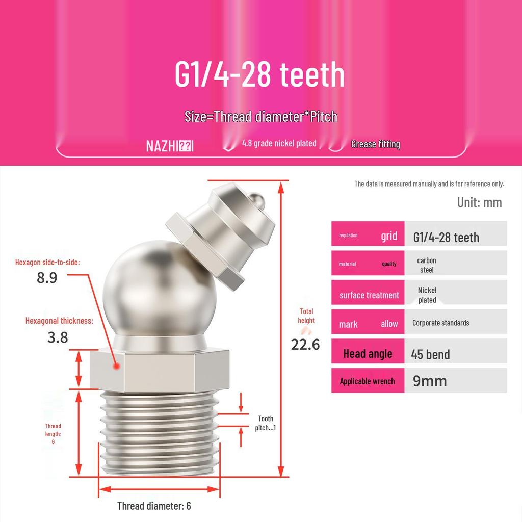 Nickel-Plated Iron Bent Grease Nipple Grease Gun Head M6-M14 G1/8