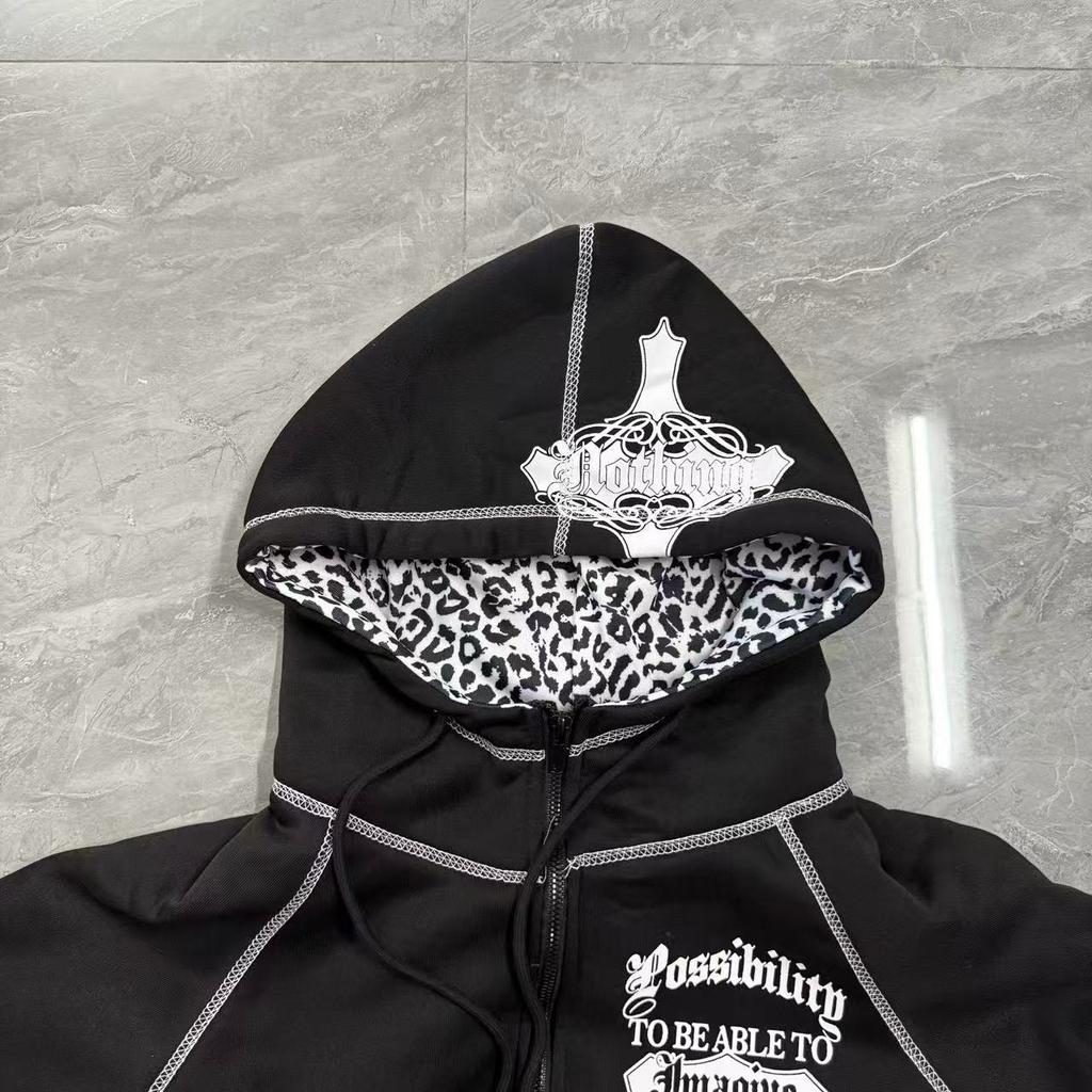 ZYLLO Fashion Retro Trend Harajuku Ins Zipper Hooded Cardigan Sweatshirt Street Punk Women Top Y2k Clothing