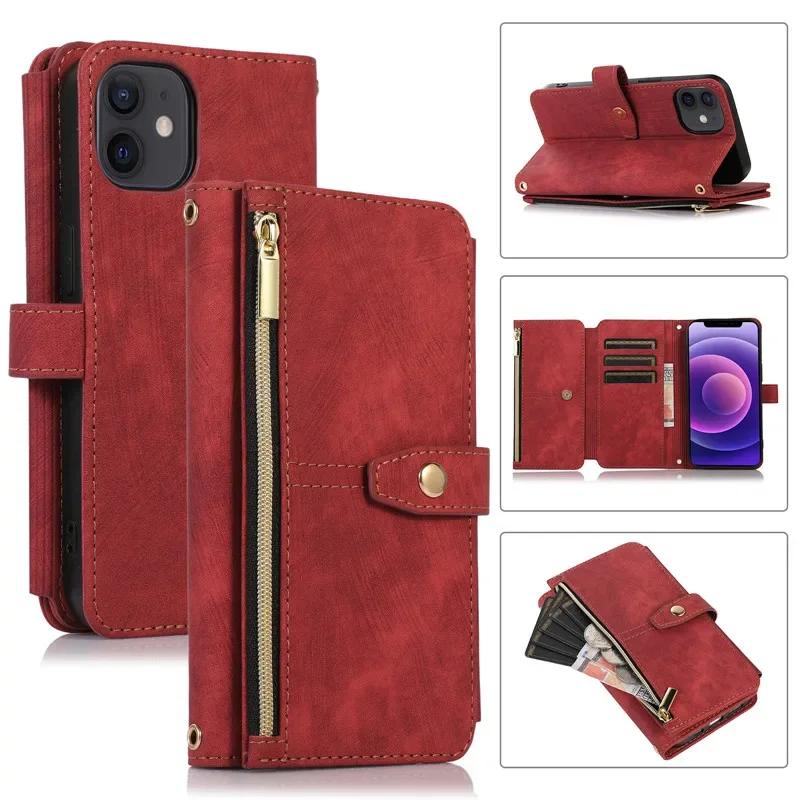 Long Lanyard Flip Leather Phone Case for iPhone 17 Air 16E 16 Pro Max 15 Plus 14 13 12 11 XS XR X Zipper Wallet Multi Card Cover