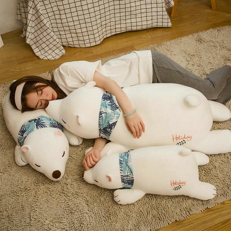 60/80/100CM Soft Lying Polar Bear Plushie Pillow Lovely White Cushion Stuffed Dolls Sleeping Toy for Girls Gifts